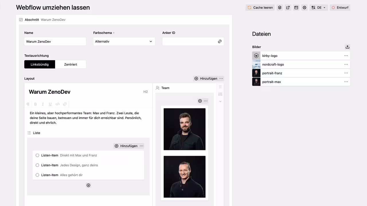 Screenshot des ZenoDev CMS