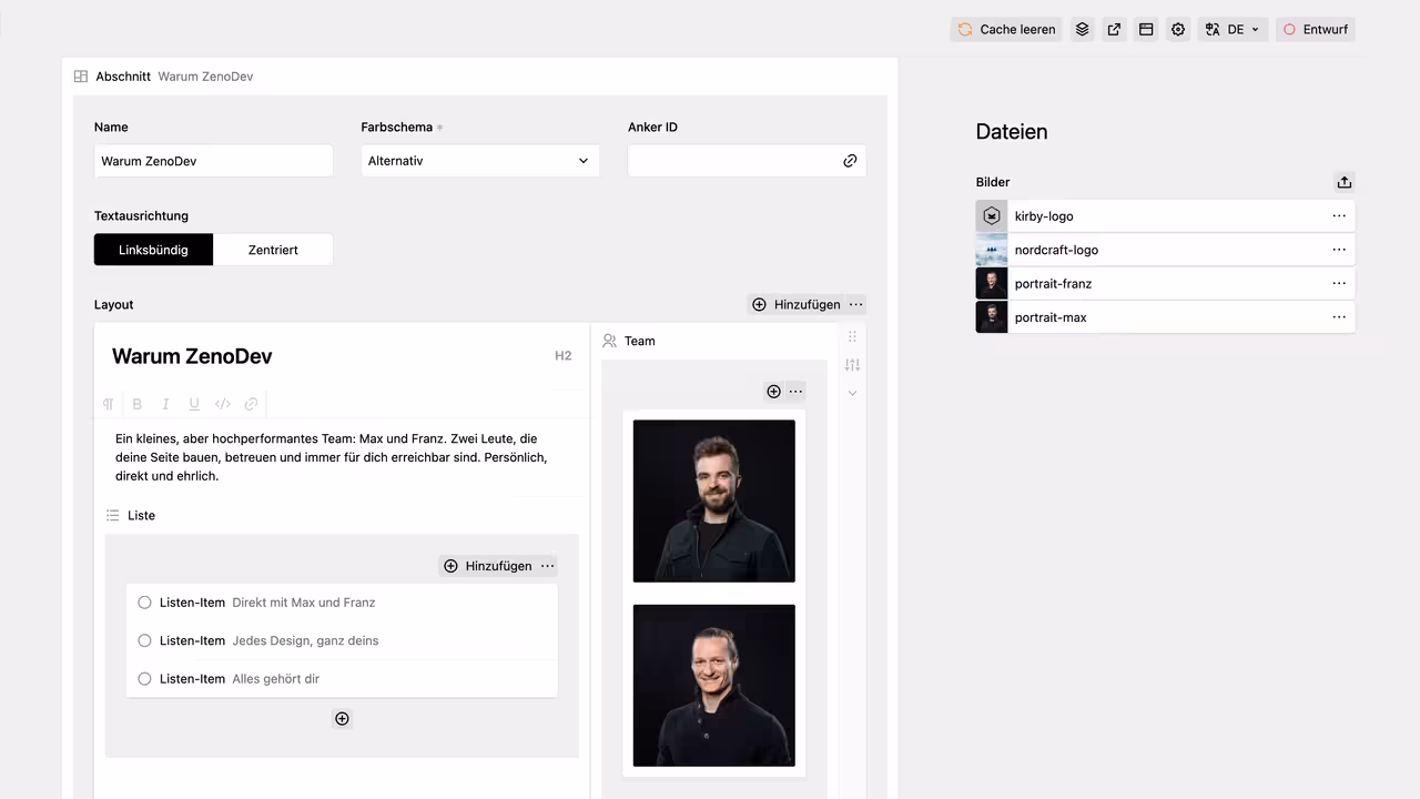 Screenshot des ZenoDev CMS