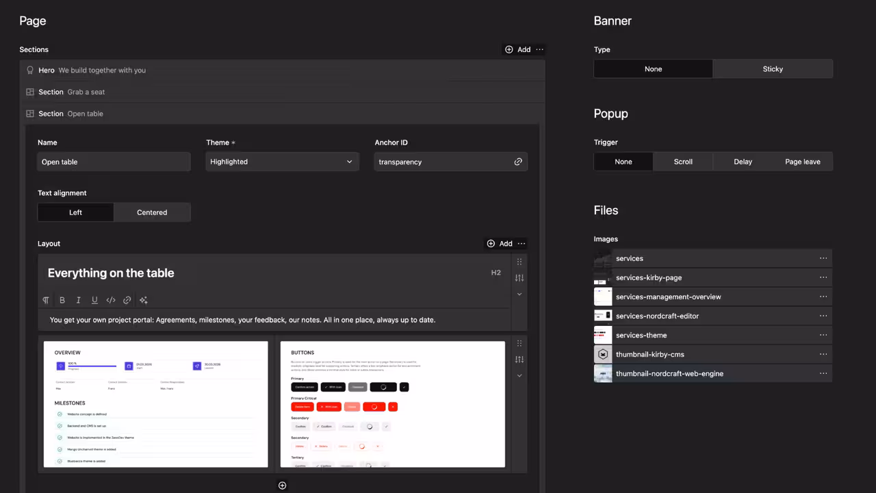 Dark-themed CMS dashboard with page sections editor, layout fields, and config panel.