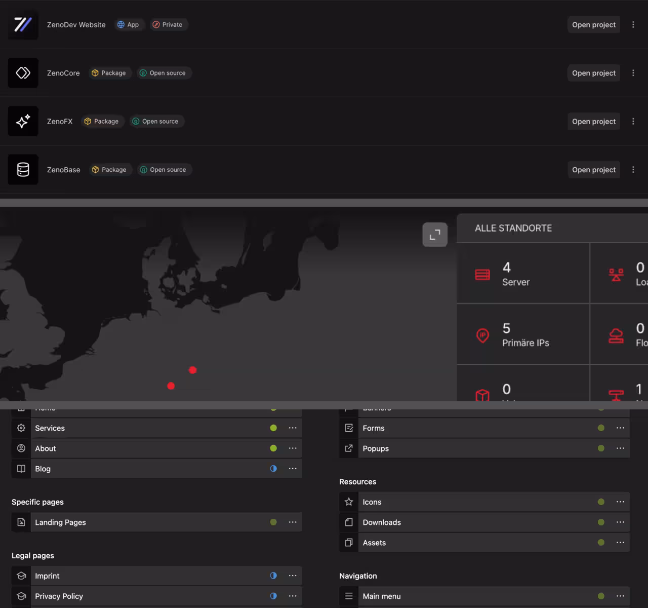 Dark-themed developer dashboard with project list, server map and CMS interface.