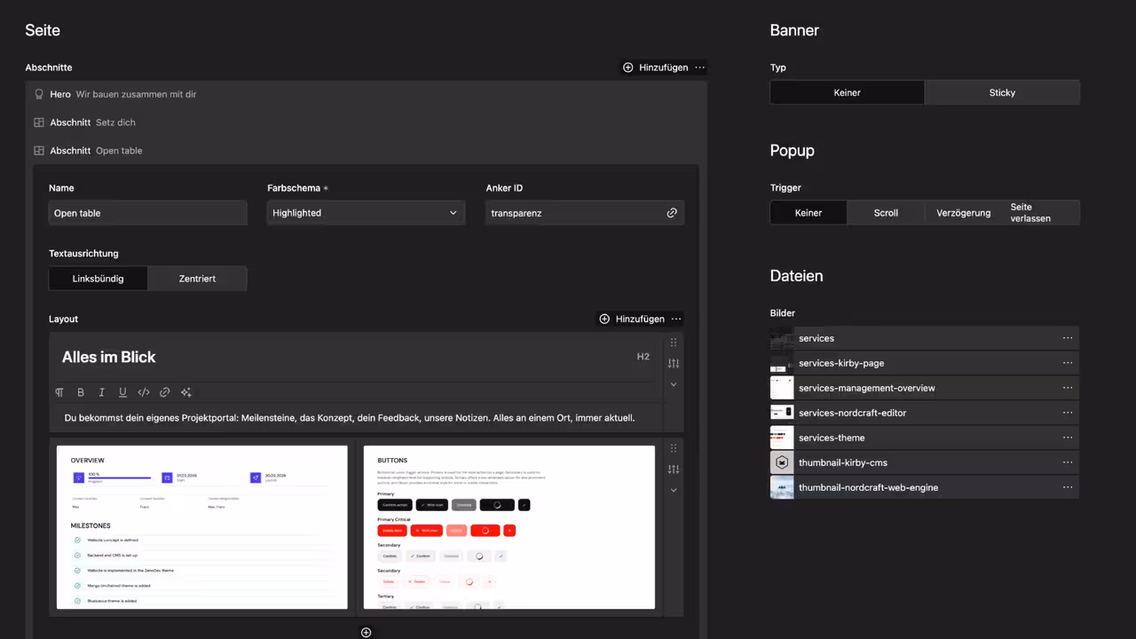 Kirby CMS Interface mit Inhalts-Management und Seiteneditor.