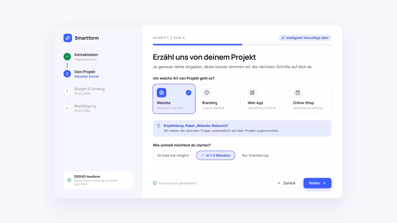 Beispiel für smartes Formular: Schritt 1 - Optionen auswählen