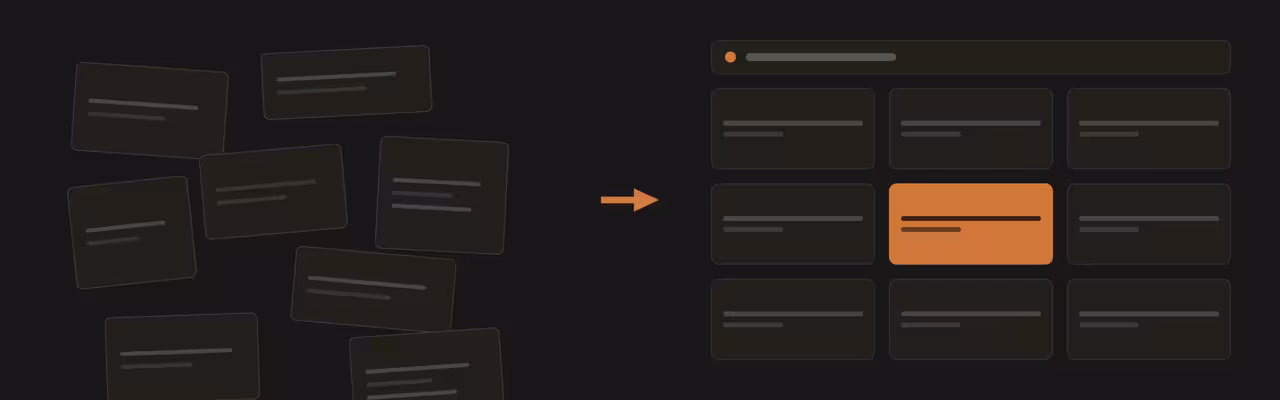 Unorganized cards are arranged using arrows into a structured grid with a search bar.